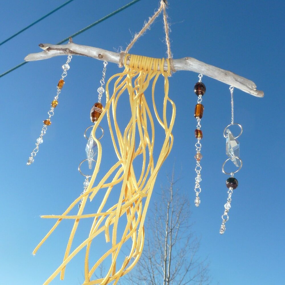 Suncatcher C Treated driftwood, cut glass pieces, handmade glass beads etc